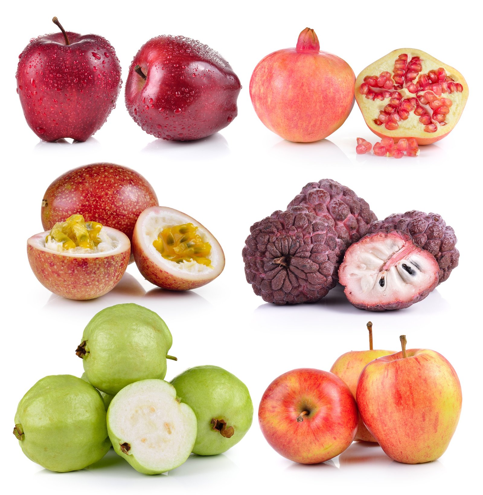guava, apple, custard apple, Passion fruit, pomegranates on whit